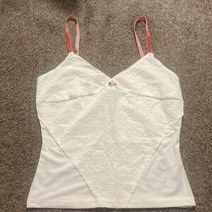 white tank top, with pink flower, & velvet straps